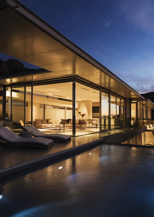 Modern pool house and patio built on Long Island