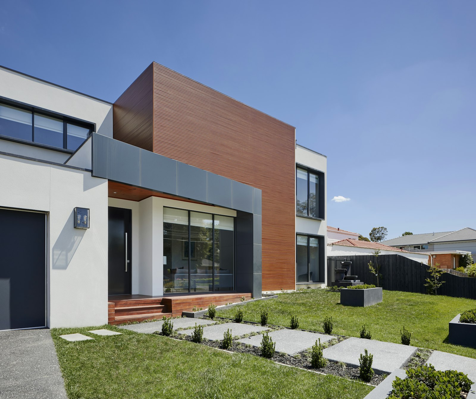 Newly completed modern home exterior on Long Island